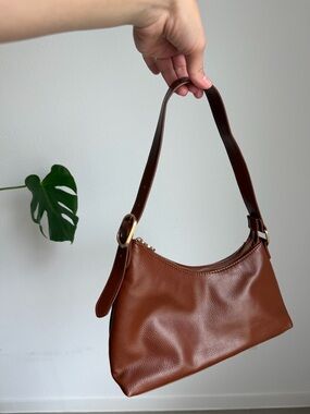 Light Brown Faux Leather Asymmetrical Shoulder Bag With Gold Hardware